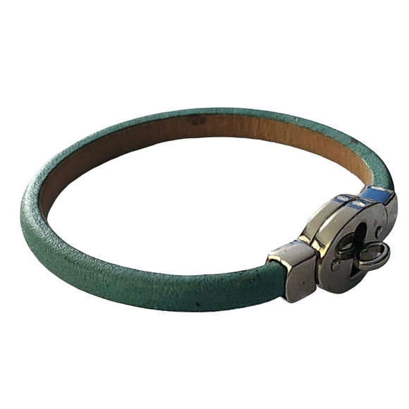 Vtg Fossil Iconic Green Leather Kiss Lock Bracelet - Picture 2 of 7